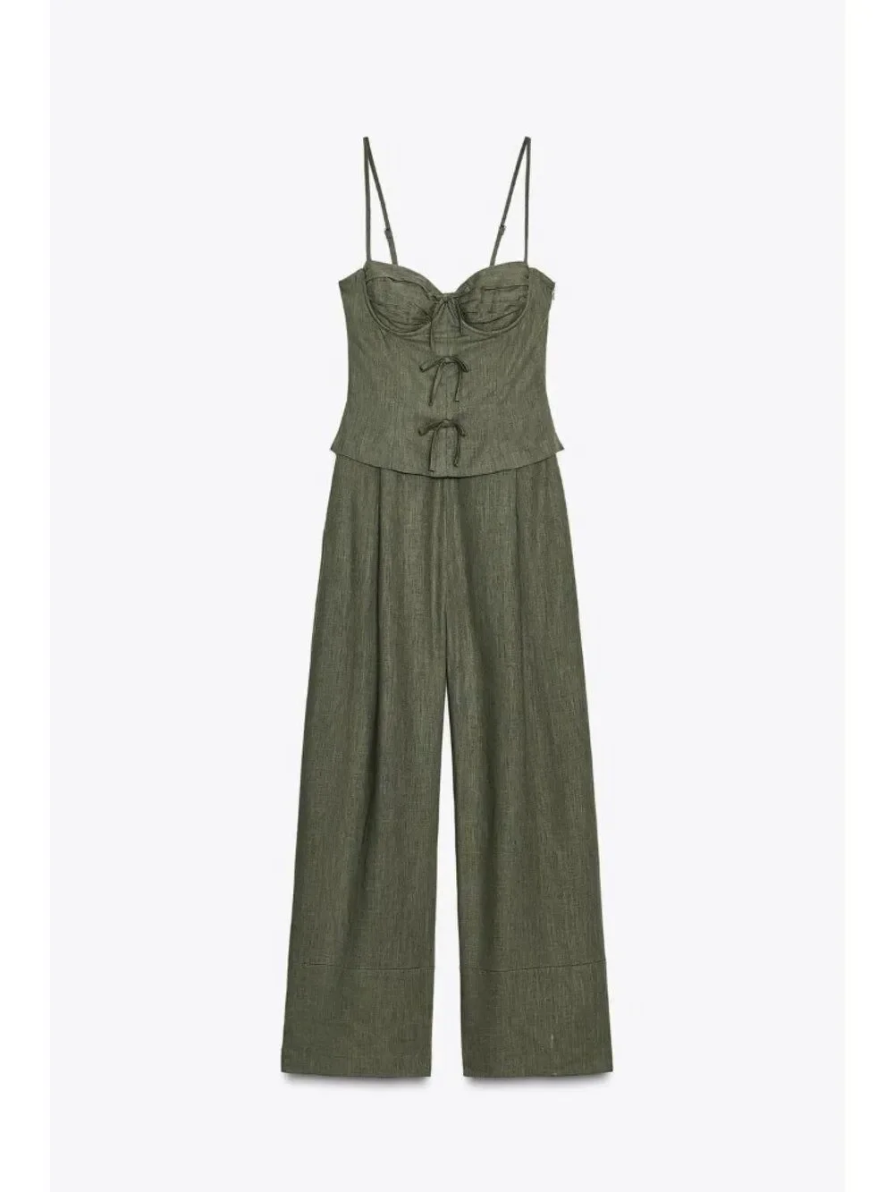 Zara Womens Jumpsuit M Green Linen Blend Wide Leg Sleeveless Bows 8447/734 NWT
